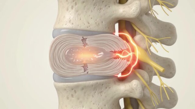 Herniated disc pressing spinal nerve root causing pain inflammation vertebra anatomy with damaged intervertebral disc illustration showing nerve compression detailed spinal nerve roots and vertebrae