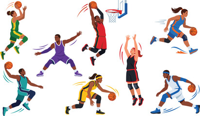 Diverse men and women basketball players vector set executing actions like slam dunk dribbling and shooting © Md Rohul