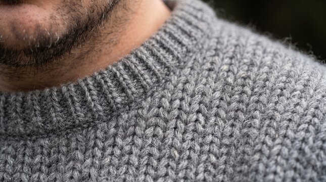 Close detail of a gray knitted sweater neckline
