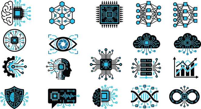 Artificial intelligence icons depicting neural networks processors and data analysis on a white background