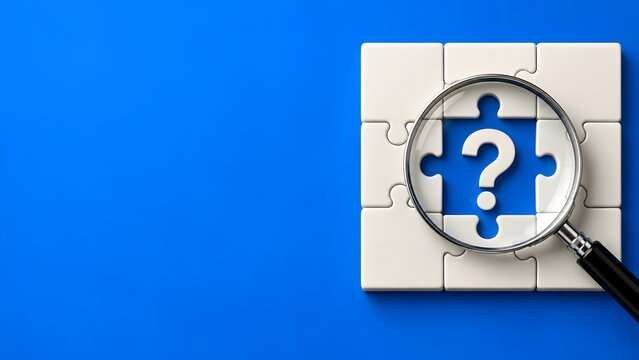 Magnifying Glass Focusing on a Missing Jigsaw Puzzle Piece with a Question Mark Symbol on a Bright Blue Background, Illustrating Concepts of Problem Solving, Investigation, and Finding Answers