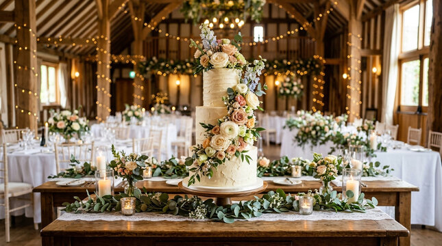 Elegant three tier wedding cake adorned with fresh flowers stands on a rustic wooden table in a barn reception hall