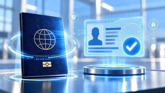 Futuristic biometric identification concept showing a generic passport and digital holographic identity card with verification symbols for secure travel and border control technology
