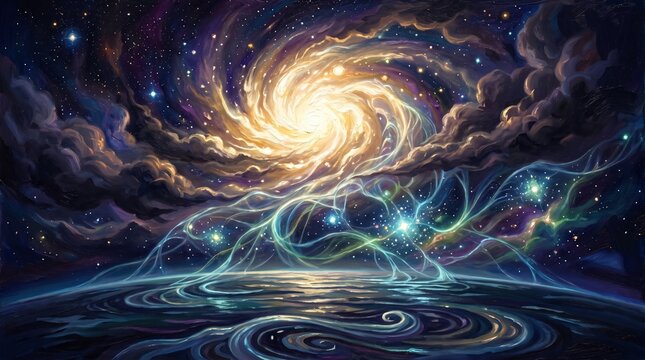 Genesis creation story, divine cosmic light and glowing energy tendrils over swirling earth waters, biblical digital art