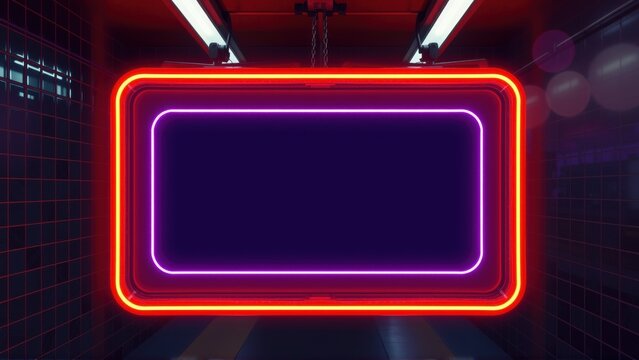 Neon rectangle glows within dark tunnel. Bright red outer frame surrounds vibrant purple inner space. Futuristic aesthetic.
