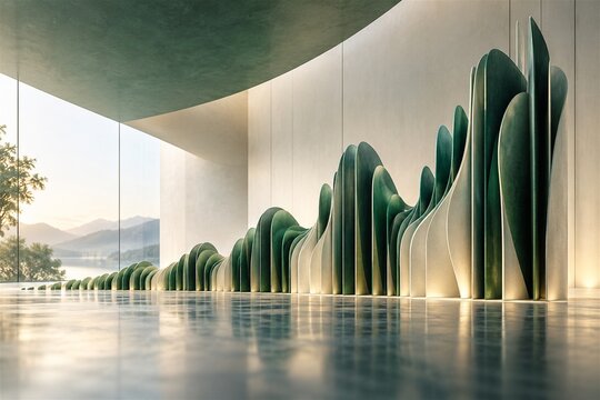 Rising green sculptural fins symbolizing business growth