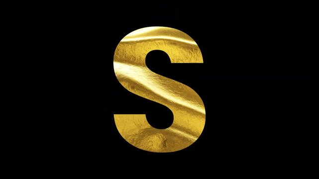 Gold "S" alphabet animation on black background seamless loop. 4k