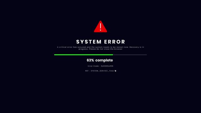 System error progress screen with warning icon animation featuring critical alert notification