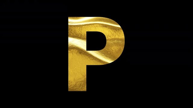 Gold "P" alphabet animation on black background seamless loop. 4k