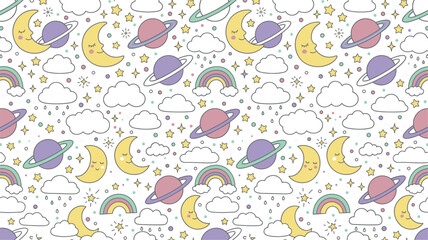 Cute Seamless Pattern with Sleeping Crescent Moon, Planets, Rainbows, Clouds, and Twinkling Stars in Pastel Colors for Nursery Wallpapers and Kids Fabric Design © Sohel