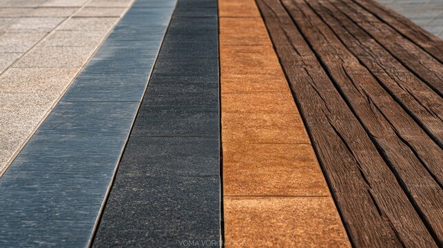 Parallel strips of wood stone and metal flooring