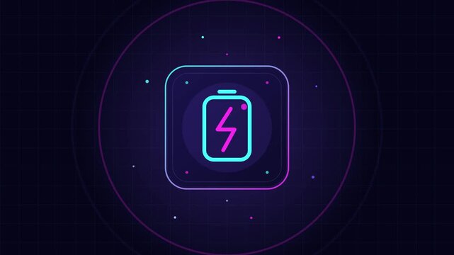 Fast charging lightning bolt icon with battery in neon flat vector, bouncing pop-up with pulse waves inside a dark rounded card, seamless motion graphics loop