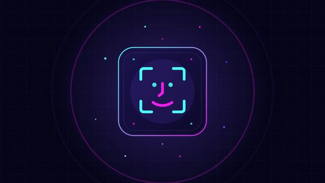 Face recognition scan icon framed by corner brackets, glowing cyan and magenta lines with gentle bounce and energy pulses, futuristic animated loop clip