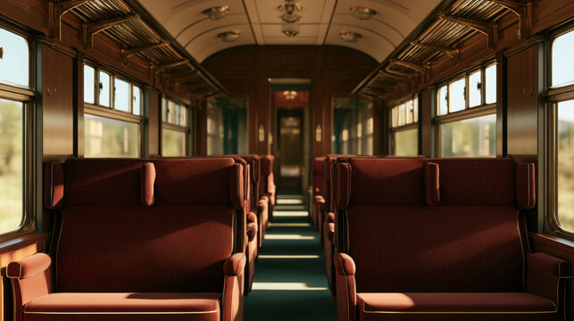 Vintage railway passenger car interior with upholstered seats  