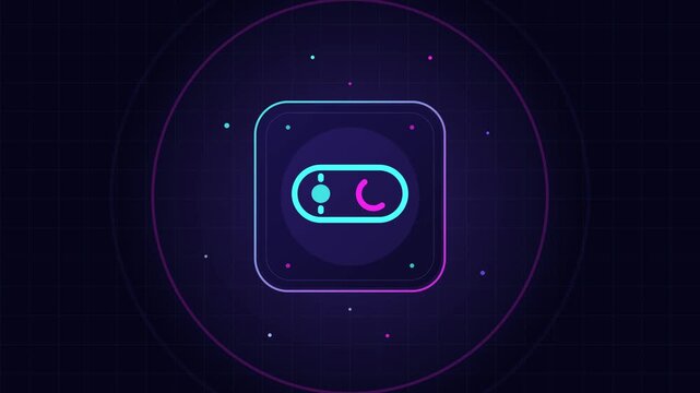 Dark mode toggle switch icon with crescent moon, glowing neon slider bouncing into place and pulse waves around it, flat vector UI motion graphics loop