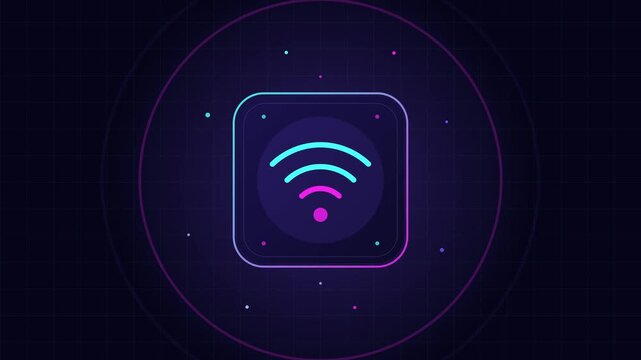 Wi-Fi signal icon with curved wave arcs glowing in neon, popping up with a smooth bounce while pulse rings expand, flat vector looping motion graphic