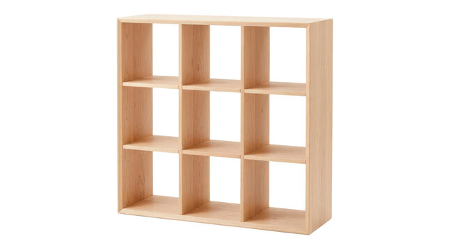 Light wood cube shelving unit with nine square compartments, clean geometric proportions, smooth pale timber finish, and subtle natural grain throughout. Photorealistic furniture photography, front