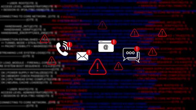 Cyber security network compromised alert with warning and digital data stream background, for information technology, protection, data breach, prevention, and online, privacy threat visualization