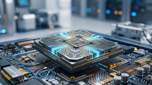 Futuristic Microprocessor with Enhanced Technology and LED Lighting on Circuit Board