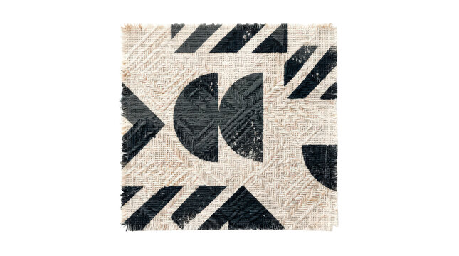 Single textured fabric swatch with layered-looking geometric weave pattern and dark contrasting shapes printed across the surface, photorealistic textile sample, top-down view, crisp sharp focus,