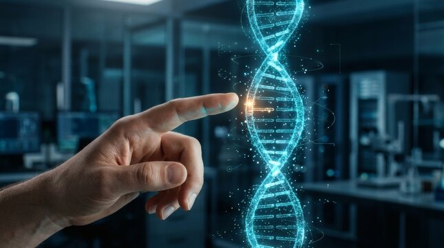 Scientist hand interacting with a digital DNA double helix hologram in a futuristic laboratory, illustrating genetic engineering, biotechnology research, and medical innovation concepts.