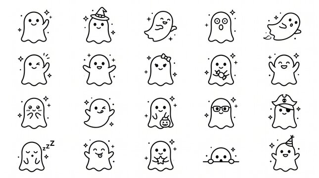Cute ghost icon collection featuring  friendly cartoon ghosts with expressive faces, simple black line art, playful Halloween characters, minimal design, isolated on white background.