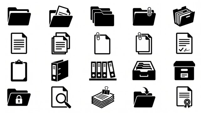 Black document and file folder icon collection featuring stacked papers, paper clips, organized documents, and file folders, bold editable silhouettes, modern vector design, white background.
