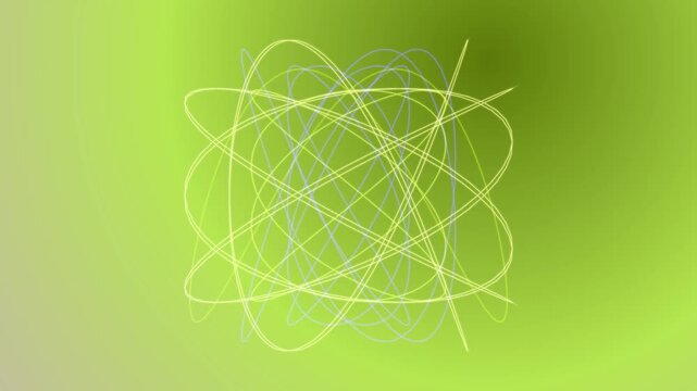 Mathematical harmonic curves animation, tangled orbit lines, glowing outlines on green to violet gradient, abstract science background