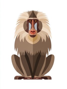 Mandrill Monkey Portrait Flat Vector Illustration With Brown Fur On White Background