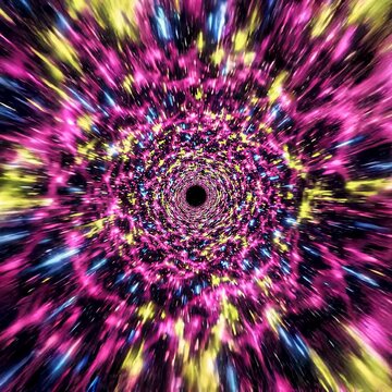 Tunneling through a vibrant hyperspace portal experiencing a cosmic vortex and faster than light travel across the galaxy.