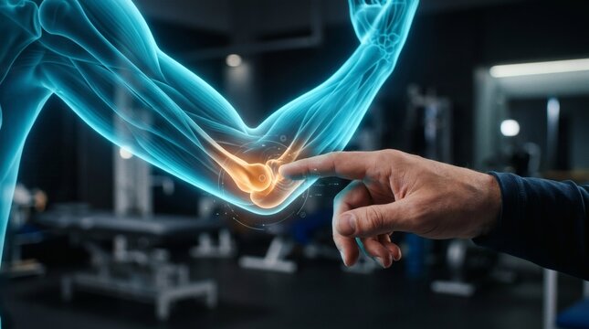 Medical 3D illustration of human elbow joint pain with physical therapist pointing to the glowing injury area for rehabilitation, sports medicine, and anatomical health concept.