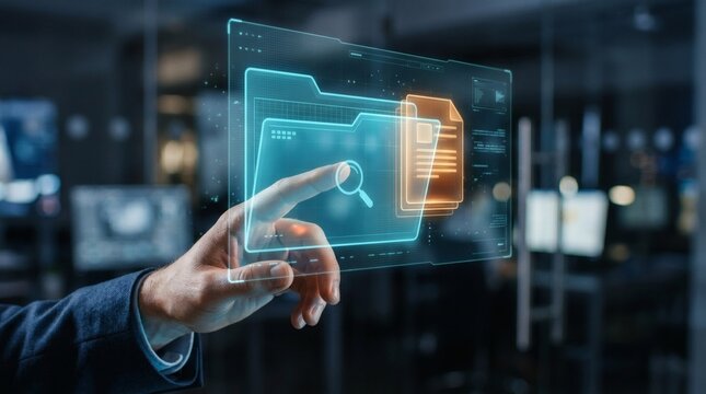 Businessman interacting with a futuristic digital folder interface for efficient data management and document search in a modern office.