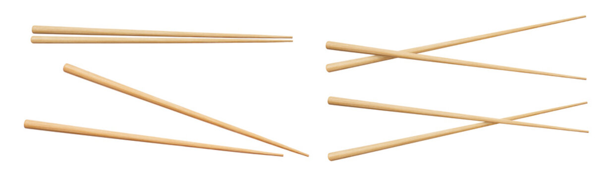 Collection of bamboo chopstick pairs in parallel, open and crossed positions, isolated on transparent cutout background