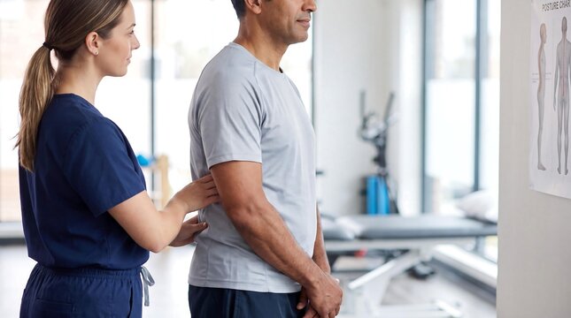 A physical therapist carefully examines a male patient's back, assessing his posture and potential injuries in a clinical setting.