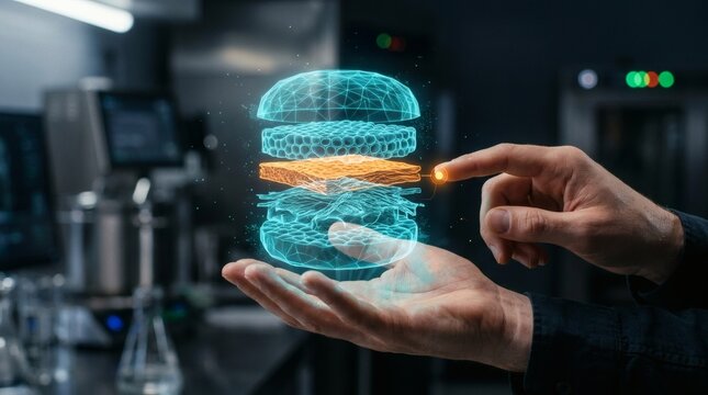 Futuristic concept of lab-grown meat featuring a 3D hologram of a burger being analyzed by a scientist in a laboratory environment, illustrating food technology and cellular agriculture.