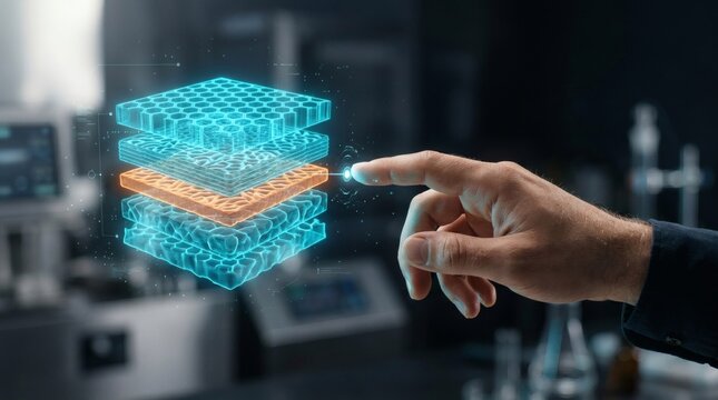 Scientist interacting with a 3D holographic material structure model in a futuristic laboratory, focusing on nanotechnology and advanced material science engineering.