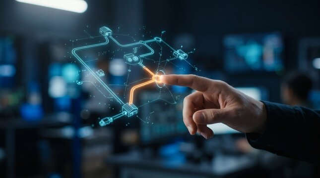Professional hand interacting with a futuristic digital twin holographic interface for supply chain management and industrial logistics in a high-tech control center.