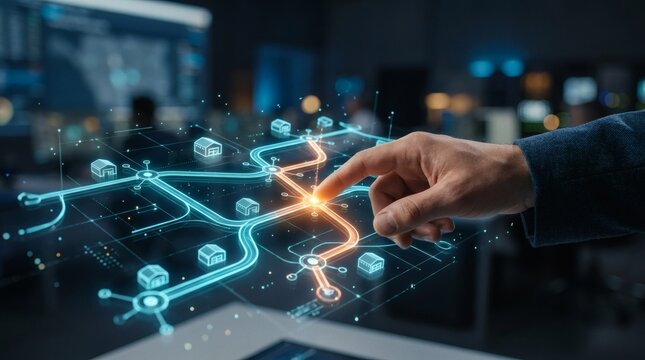 Businessman interacting with a futuristic digital logistics and supply chain management interface representing smart warehouse automation and industrial network optimization.