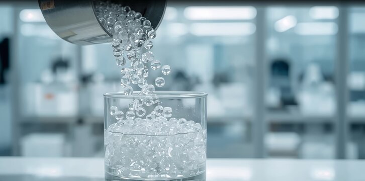 Transparent plastic pellets pouring from metal container into glass beaker in clean laboratory environment