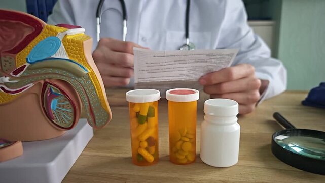A doctor explaining how to take the pills, and a male organ. Weak erection, erectile dysfunction