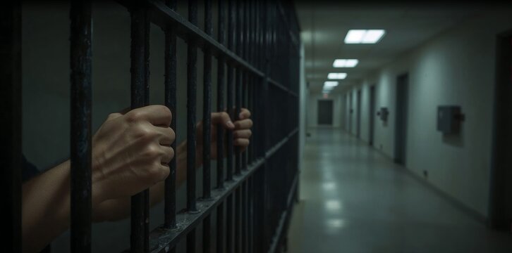 Hands gripping metal prison bars, feeling confinement and the long, dimly lit hallway of a correctional facility