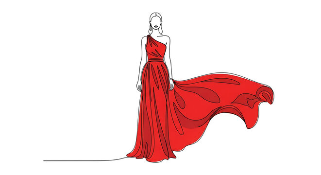 Continuous Line Art Illustration of an Elegant Woman in a Flowing Red Dress Perfect for Fashion and Luxury Branding