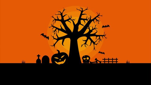 Spooky Halloween night background featuring bare tree silhouette glowing full moon and flying bats