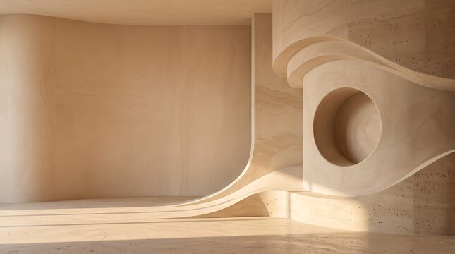 Minimalist cream colored organic architectural interior with smooth flowing curves and circular openings for a luxury spa or modern zen meditation center website background