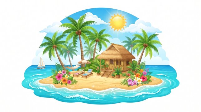 A tropical island paradise with a wooden bungalow palm trees and flowers on a sunny day.