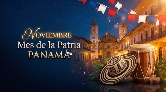 Panama Independence Month Background with Traditional Hat, Drum, and Casco Viejo at Night