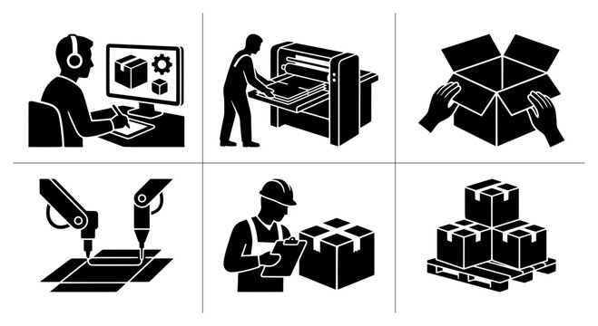 Manufacturing and logistics silhouettes set with designer, printing press, packing box, robotic arm, inspector and pallet delivery for industry