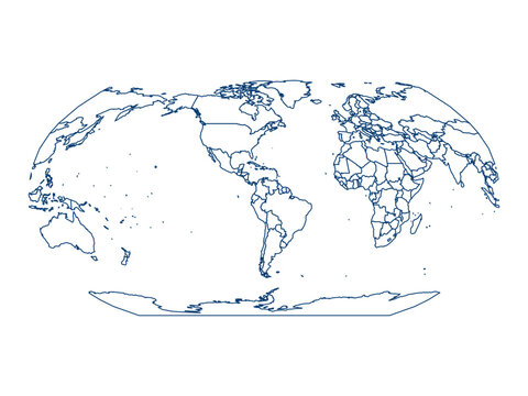 Oval world map drawn in dark blue outlines, showing detailed country borders, continent shapes, and island contours.