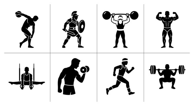 Sports silhouettes set with discus thrower, gladiator, weightlifter, bodybuilder, gymnast, man lifting dumbbell, runner and squatting athlete