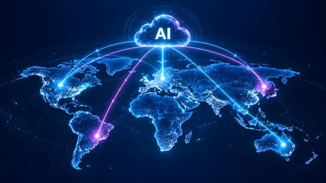 Conceptual digital illustration of global artificial intelligence network with a glowing cloud icon connecting various world continents on a futuristic blue map for technology background.